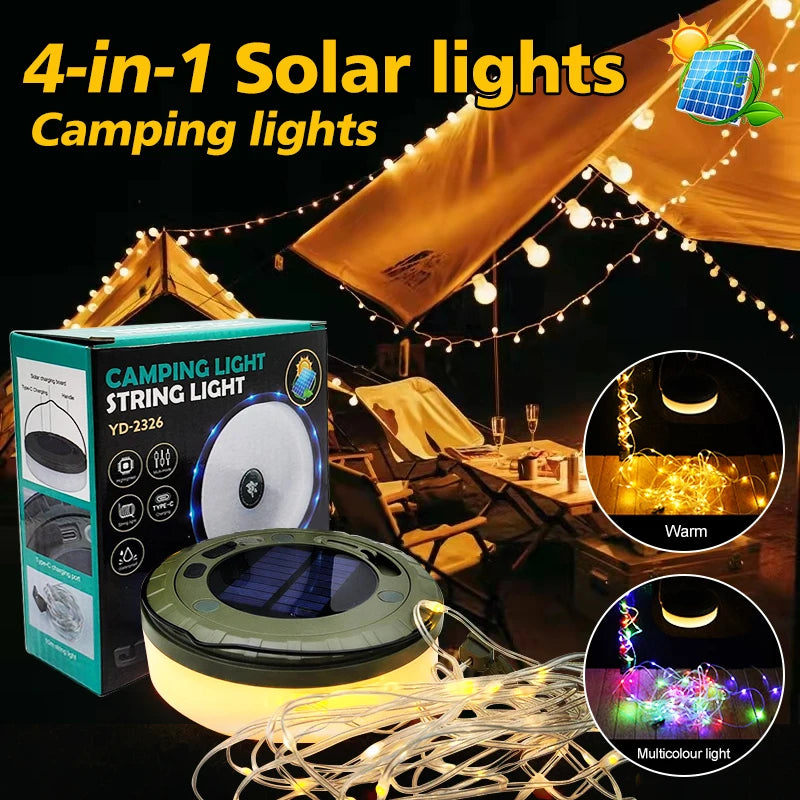 Solar Camping String Lights Outdoor, 2 in 1 Rechargeable Camping Lights