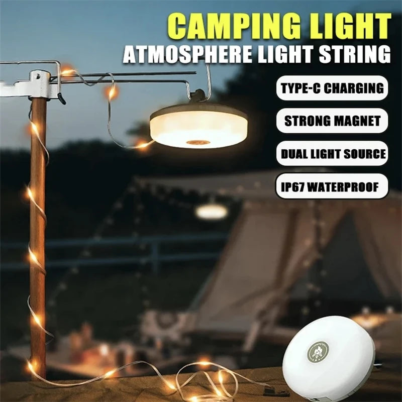 Solar Camping String Lights Outdoor, 2 in 1 Rechargeable Camping Lights
